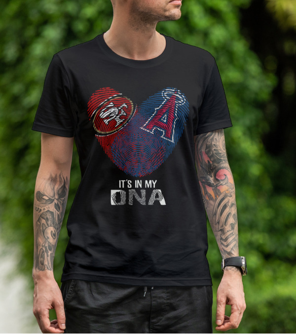 49Ers SF Logo And Los Angeles Angels DNA Fingerprint Heart T-Shirt