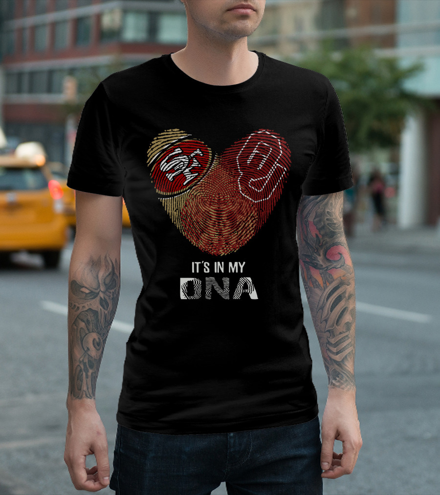 49ers Sooners It’s In My Dna Heart-Shaped Fingerprint With Logos T-Shirt