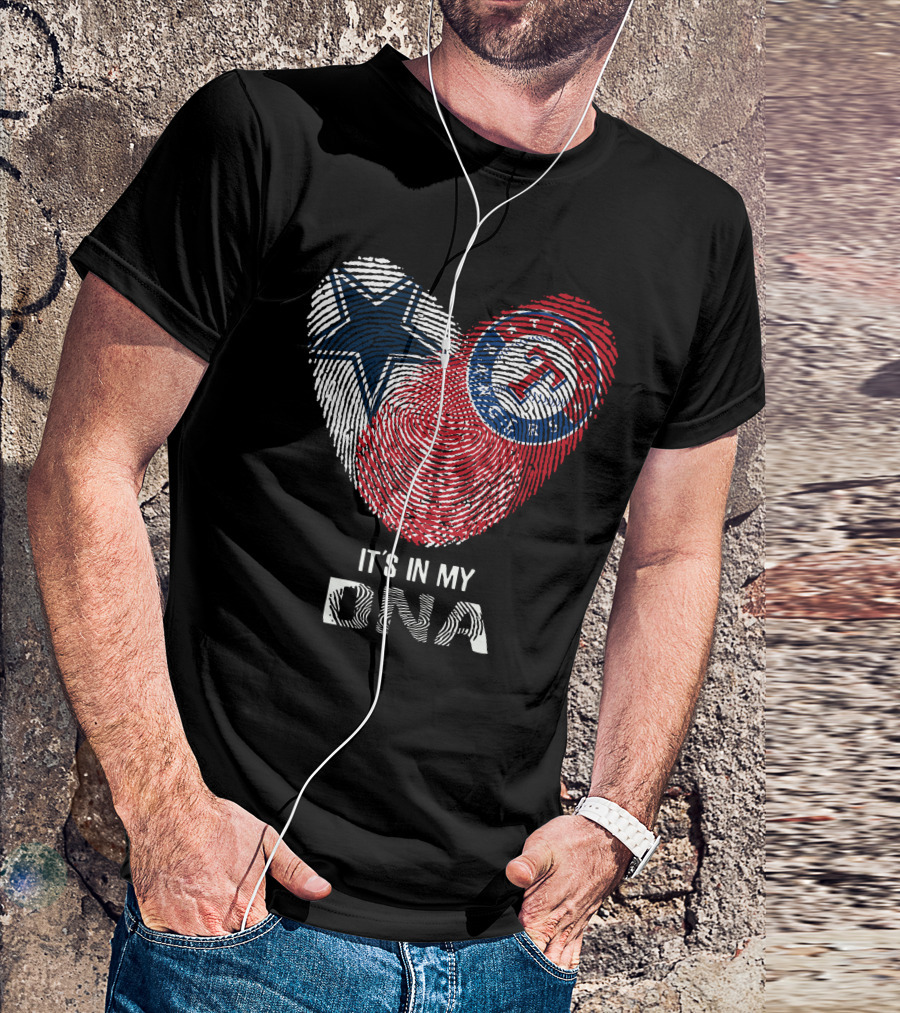Cowboys Rangers It's In My DNA Fingerprint Heart With Star And Baseball T-Shirt