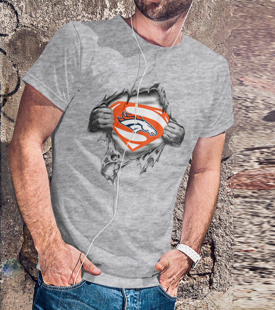 Broncos Super Man Logo Gray Torn Effect T-Shirt