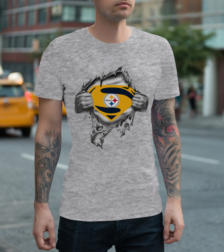 Steelers Super Man Emblem Rip Through Fabric T-Shirt