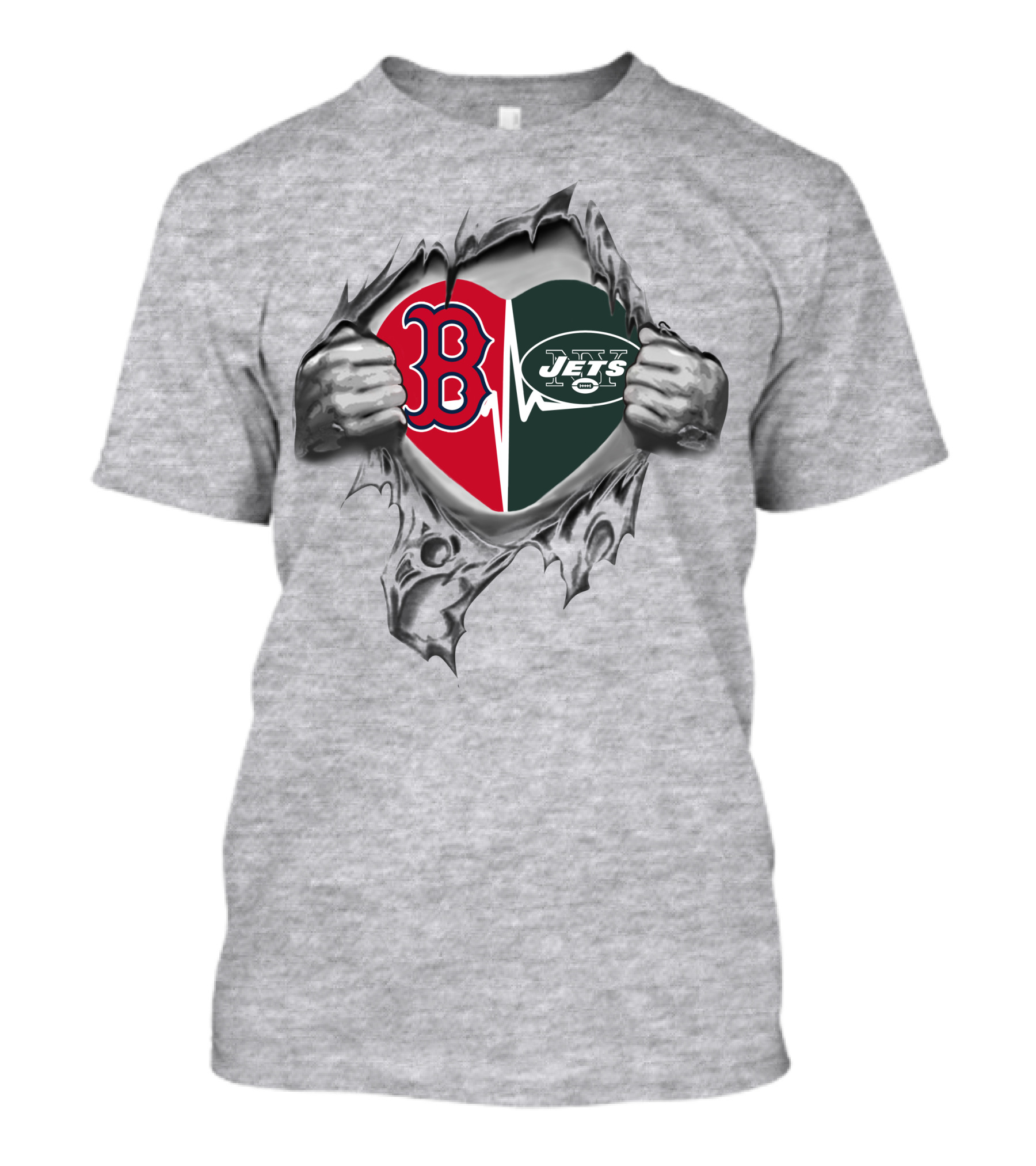 Jets Redsoxs Heart With Torn Hands And Iconic B And Jets T-Shirt