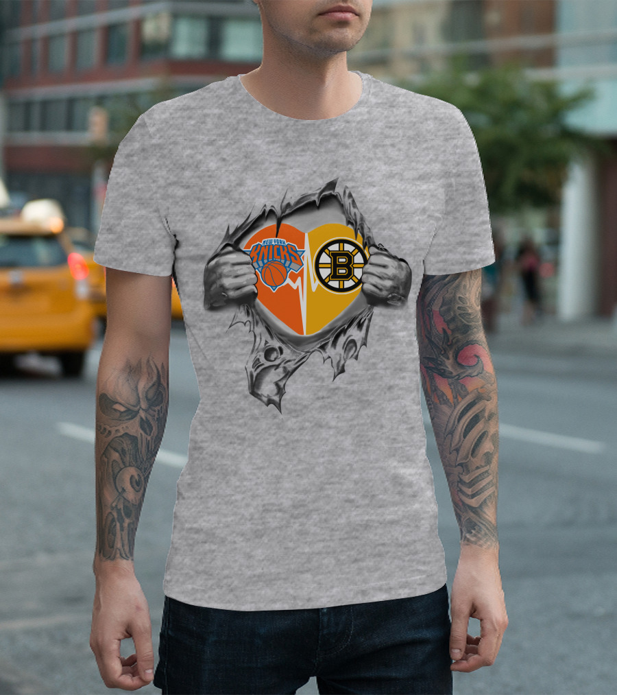 New York Knicks Boston Bruins Heartbeat Fans Passion T-Shirt
