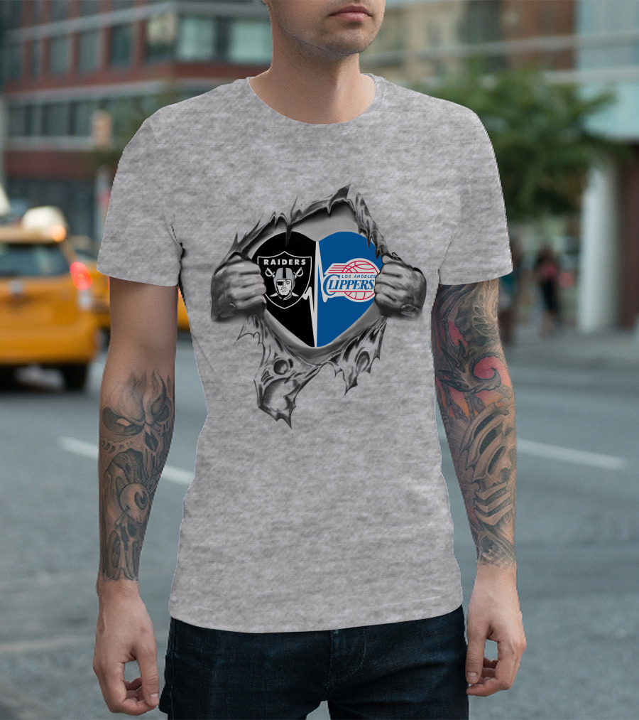 Raiders Clippers Heart Split Grey NFL NBA Fan T-Shirt