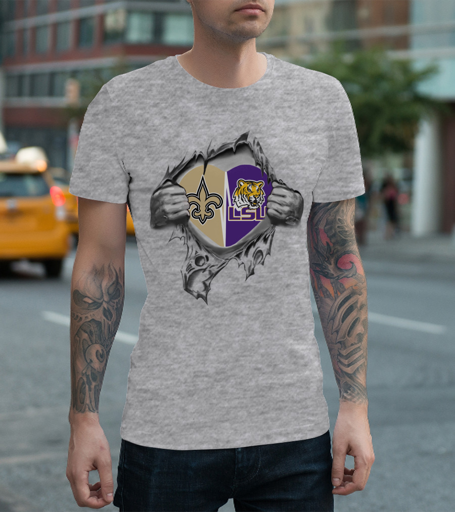 Saints LSU Heart Logos New Orleans Tigers T-Shirt