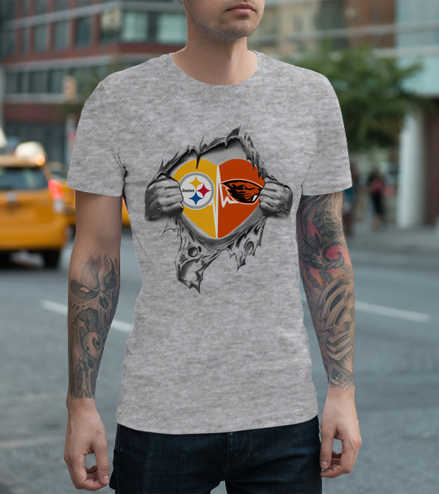 Steelers Beavers Heart Logo Ripped Open T-Shirt