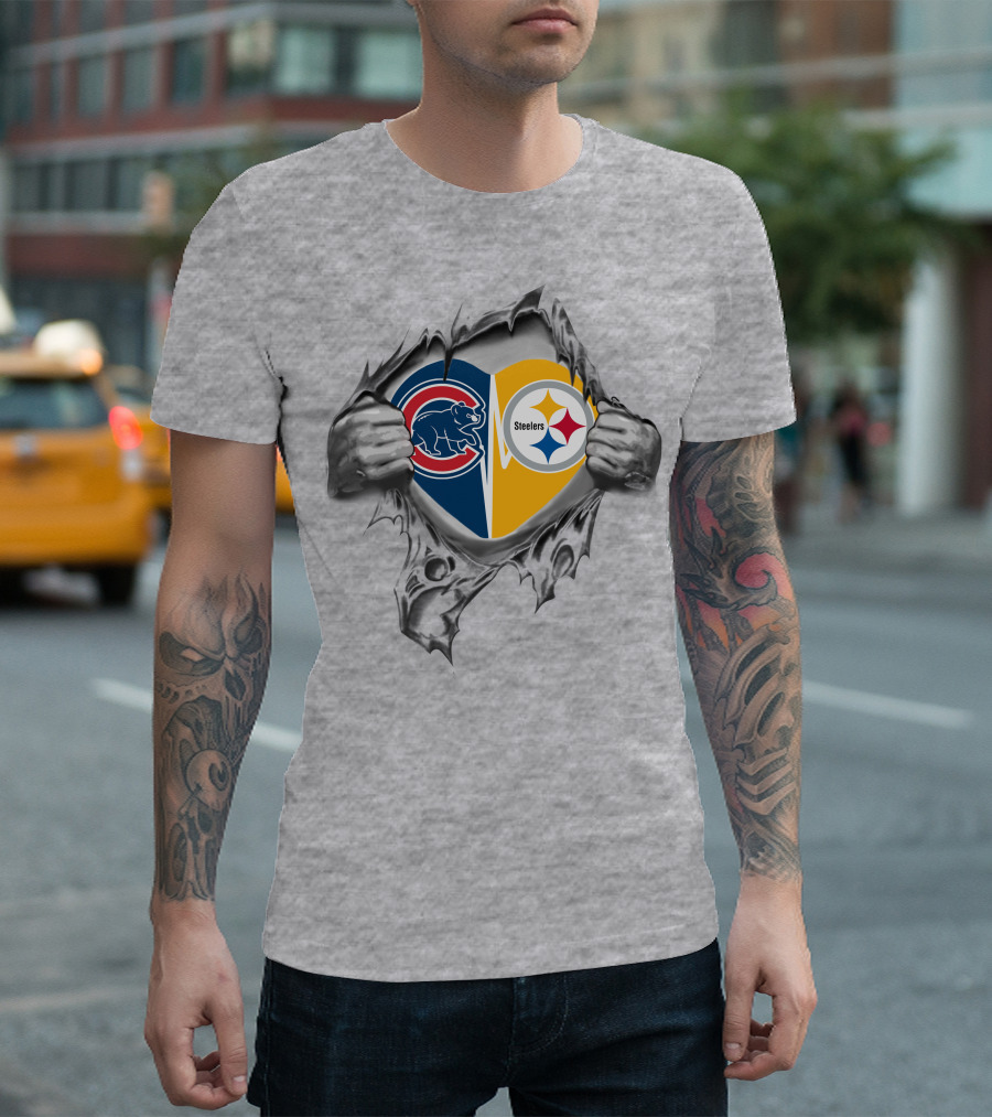 Cubs Steelers Heart Rip Fusion With Iconic Logos T-Shirt
