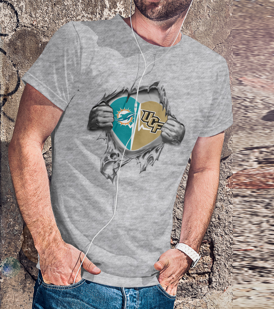 Dolphins UCF Heart Logo Design With Torn Fabric Effect T-Shirt