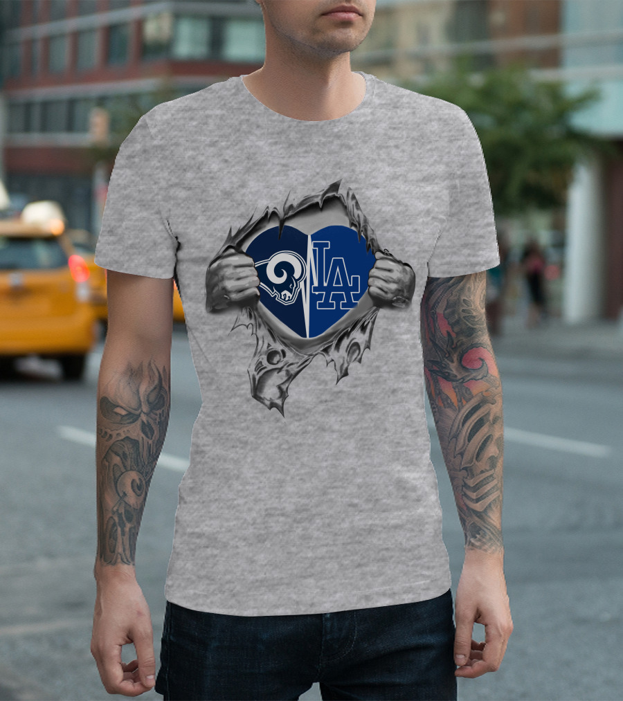 Rams And Dodgers Heart Symbol With Logos T-Shirt