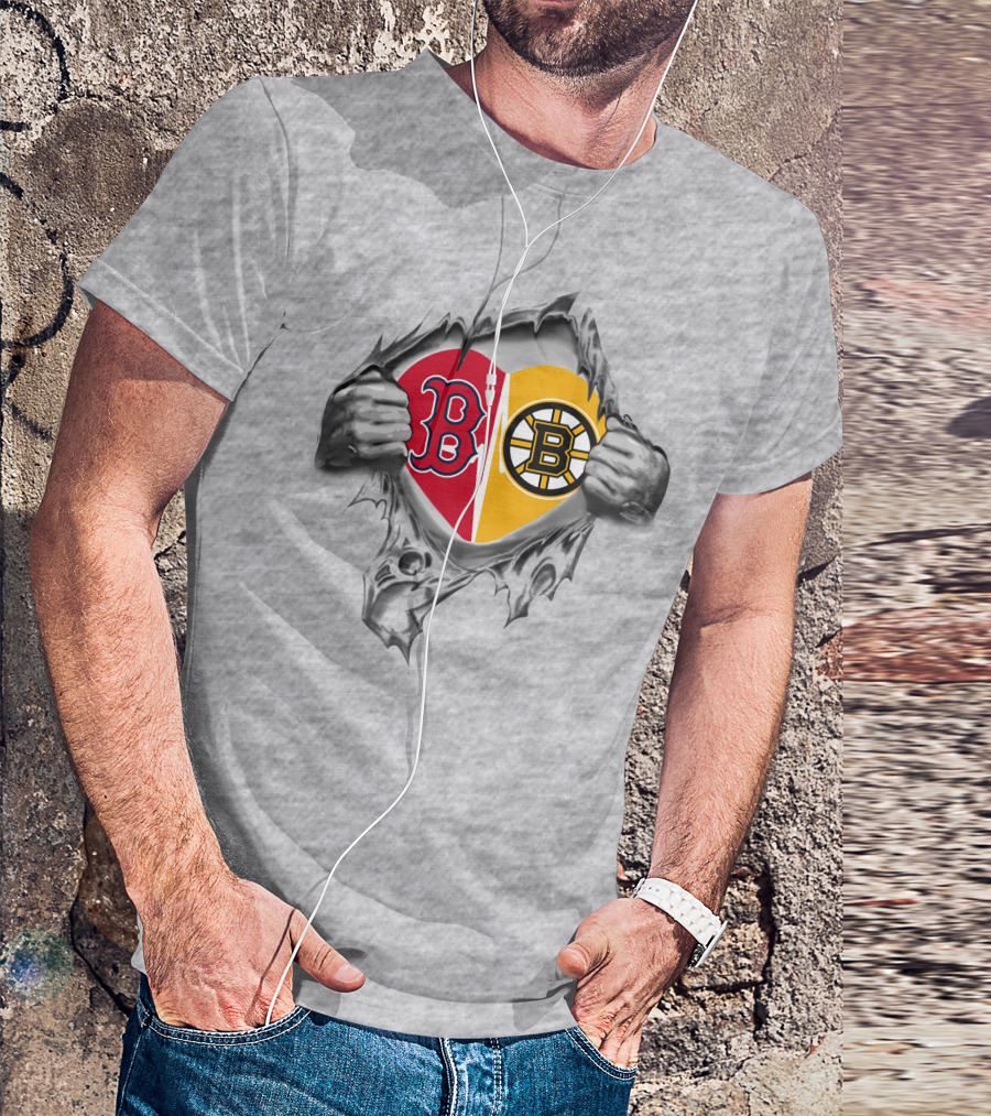 Redsox Bruins Heart Logo Tearing Open T-Shirt