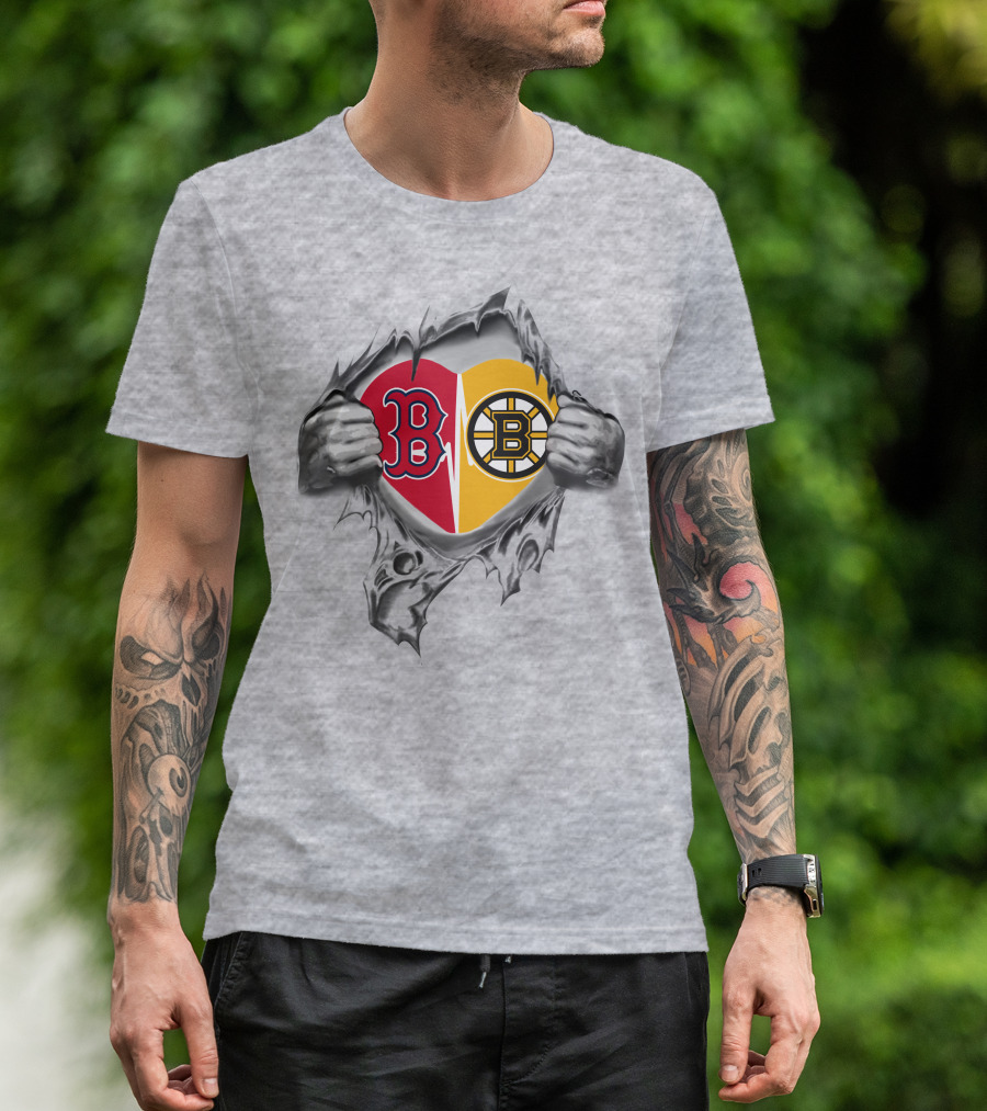 Redsox Bruins Heart Logo Tearing Open T-Shirt