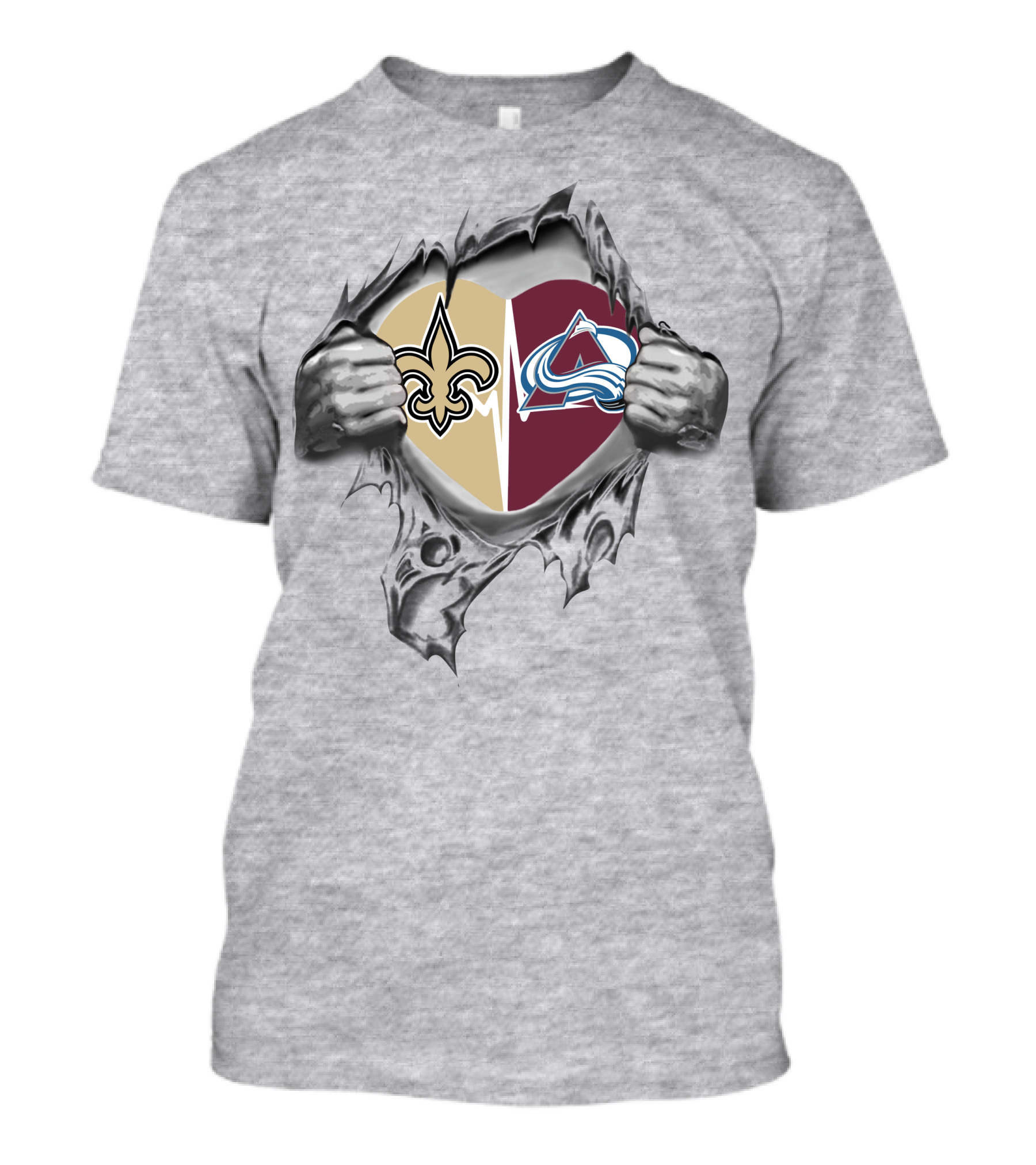 Saints Avalanche Heart Icon With Team Logos In Torn Metal Style T-Shirt
