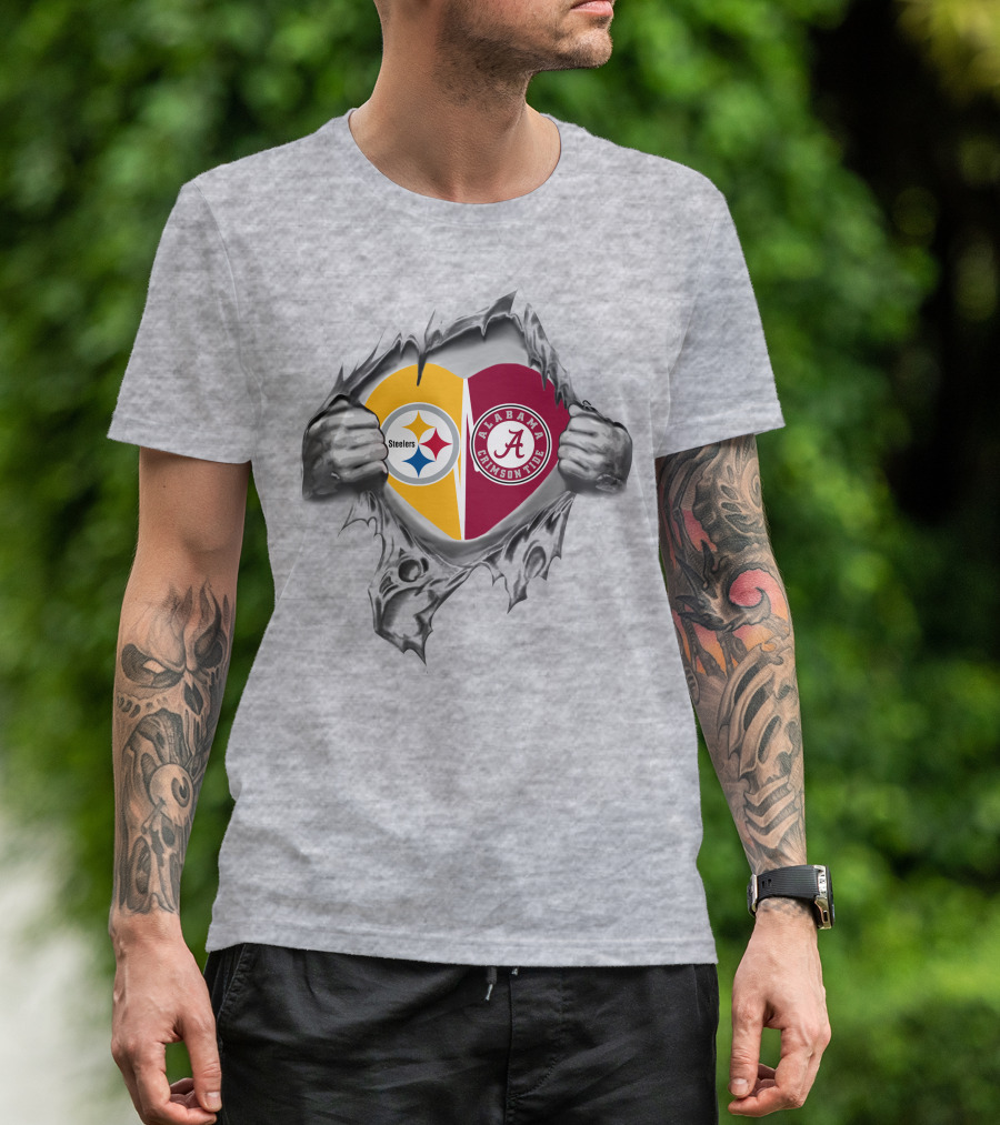 Steelers Alabama Crimson Tide Heart Inside Pulled Open T-Shirt