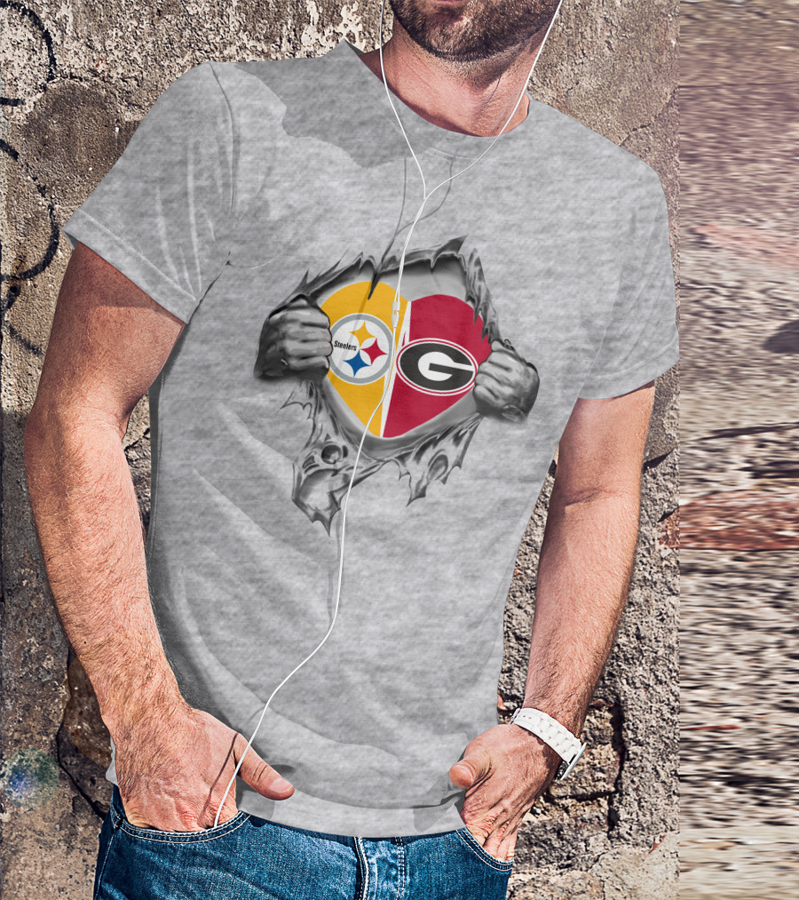 Steelers Georgia Bulldogs Ripped Heart T-Shirt