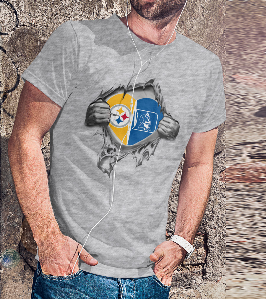 Steelers Duke Heart Tear Steelers Logo Duke Blue Devils T-Shirt