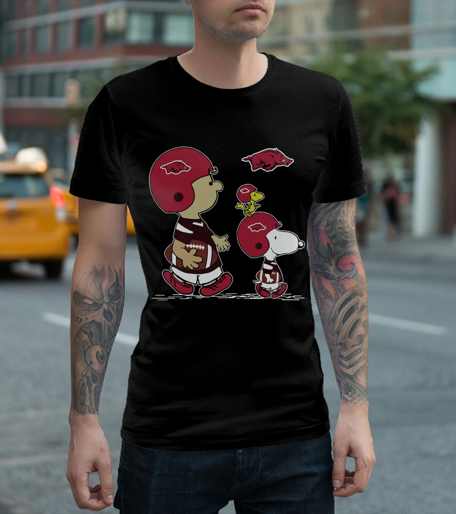 Arkansas Razorbacks Football Snoopy And Woodstock With Helmets And Hog T-Shirt