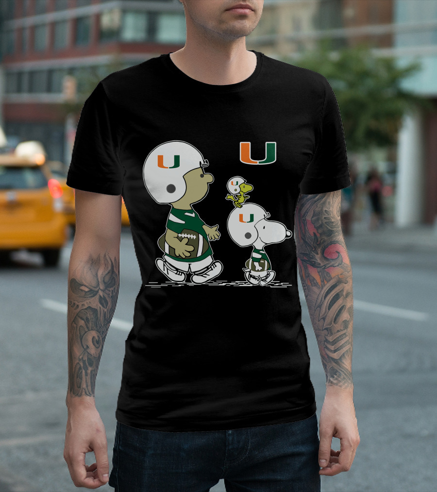 Miami Hurricanes Peanuts Snoopy Woodstock Helmet Football T-Shirt