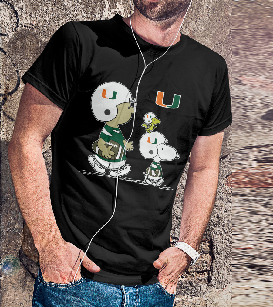 Miami Hurricanes Peanuts Snoopy Woodstock Helmet Football T-Shirt