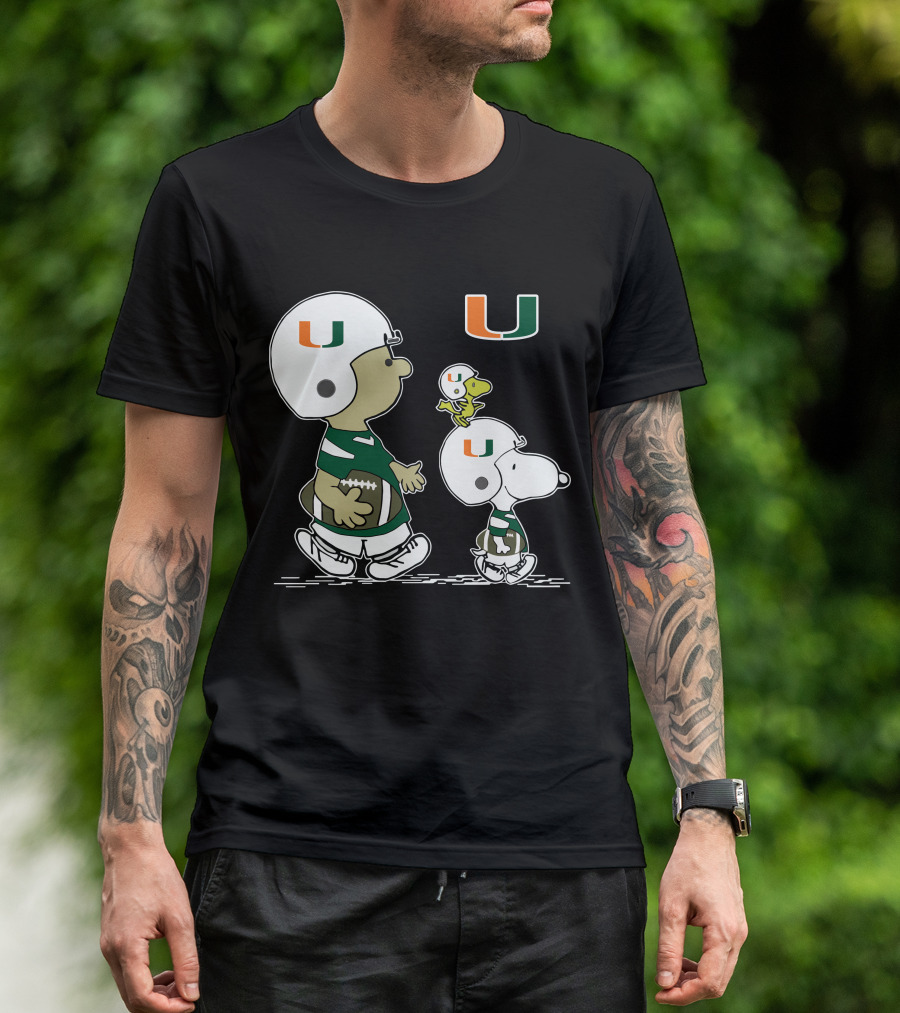 Miami Hurricanes Peanuts Snoopy Woodstock Helmet Football T-Shirt