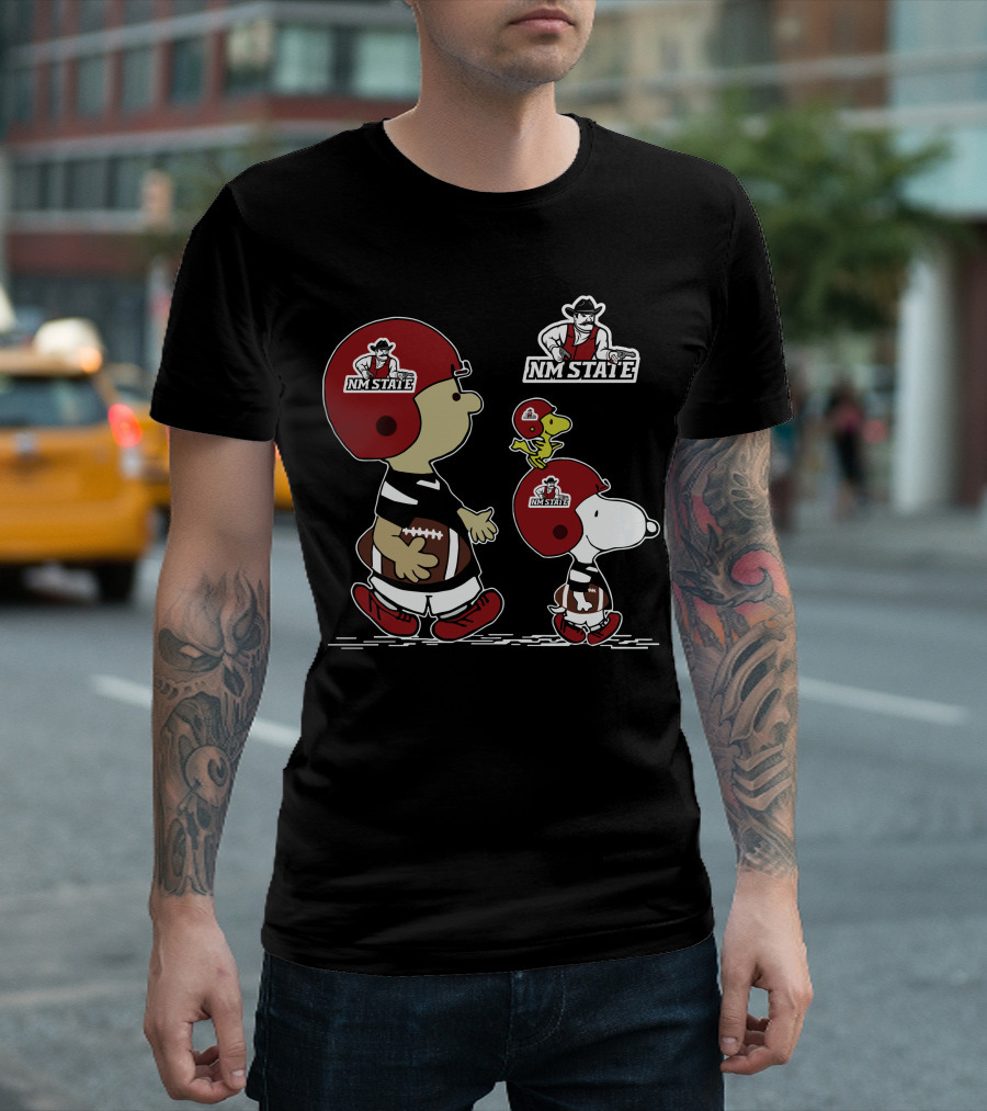 NM State Snoopy Football Helmet And Woodstock Playful Sports T-Shirt