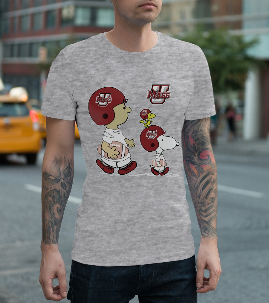 U Mass School Spirit Snoopy Football Helmet Charlie Woodstock T-Shirt