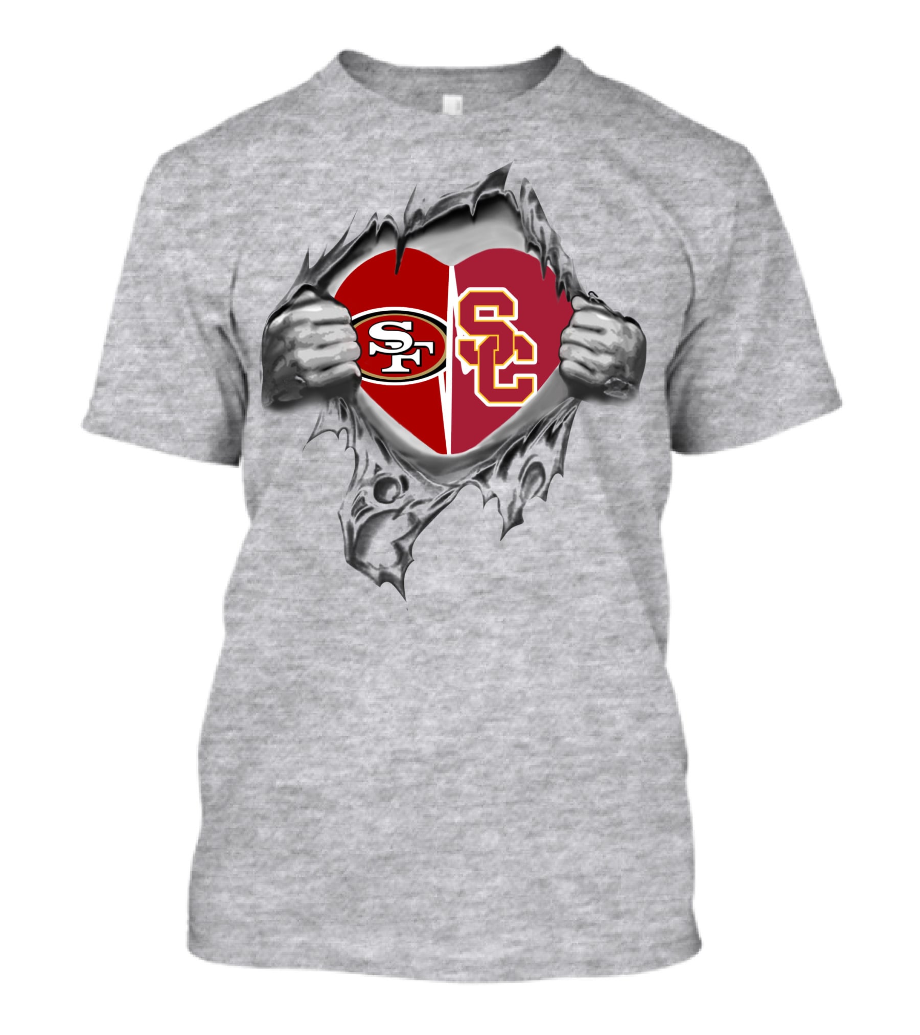 SF 49Ers USC Trojans Heart Logo Inside Ripped Chest T-Shirt