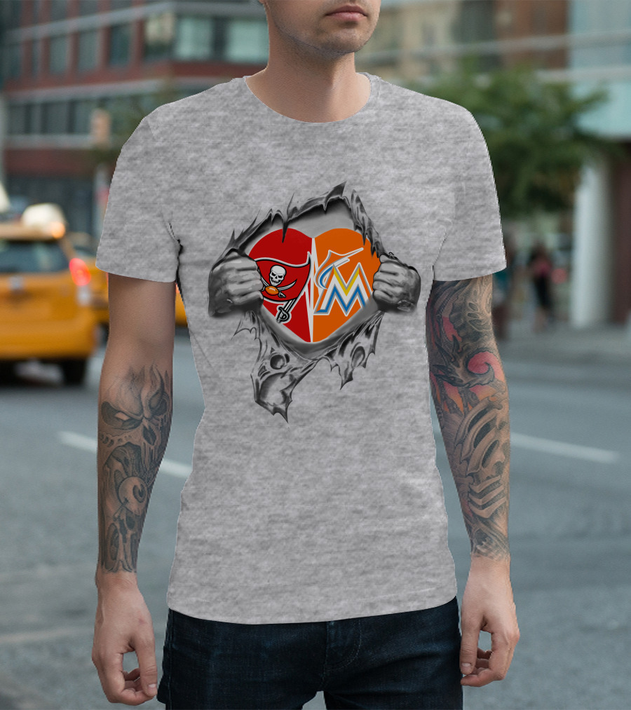 Buccaneers And Miami Marlins Heart Inside Tear T-Shirt
