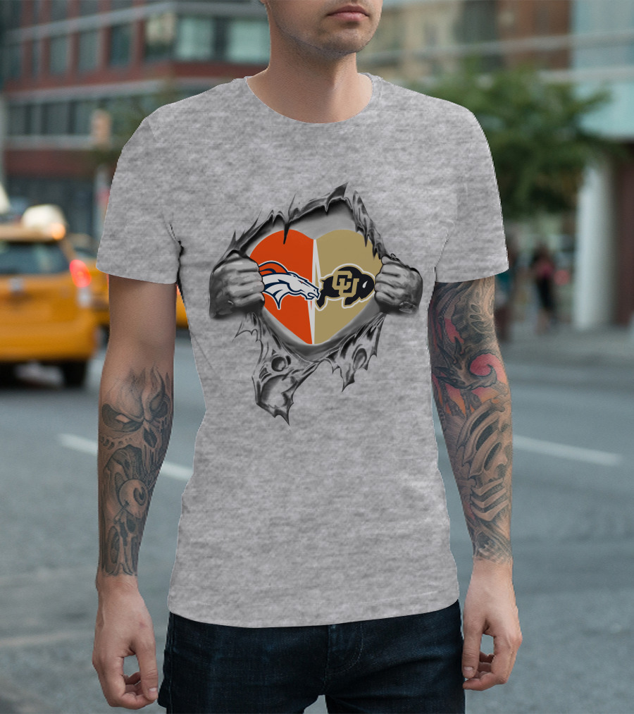 Broncos Buffaloes Heart Logos in Torn T-Shirt