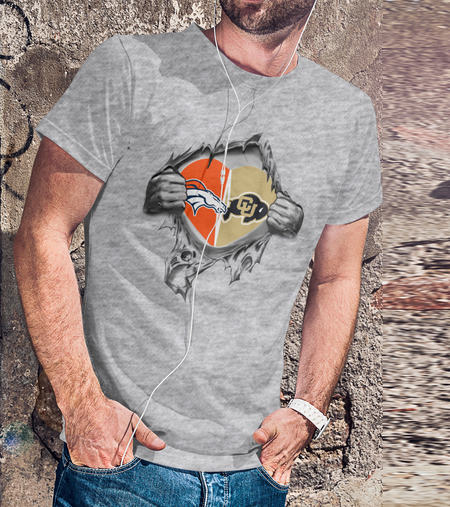 Broncos Buffaloes Heart Logos In Torn T-Shirt