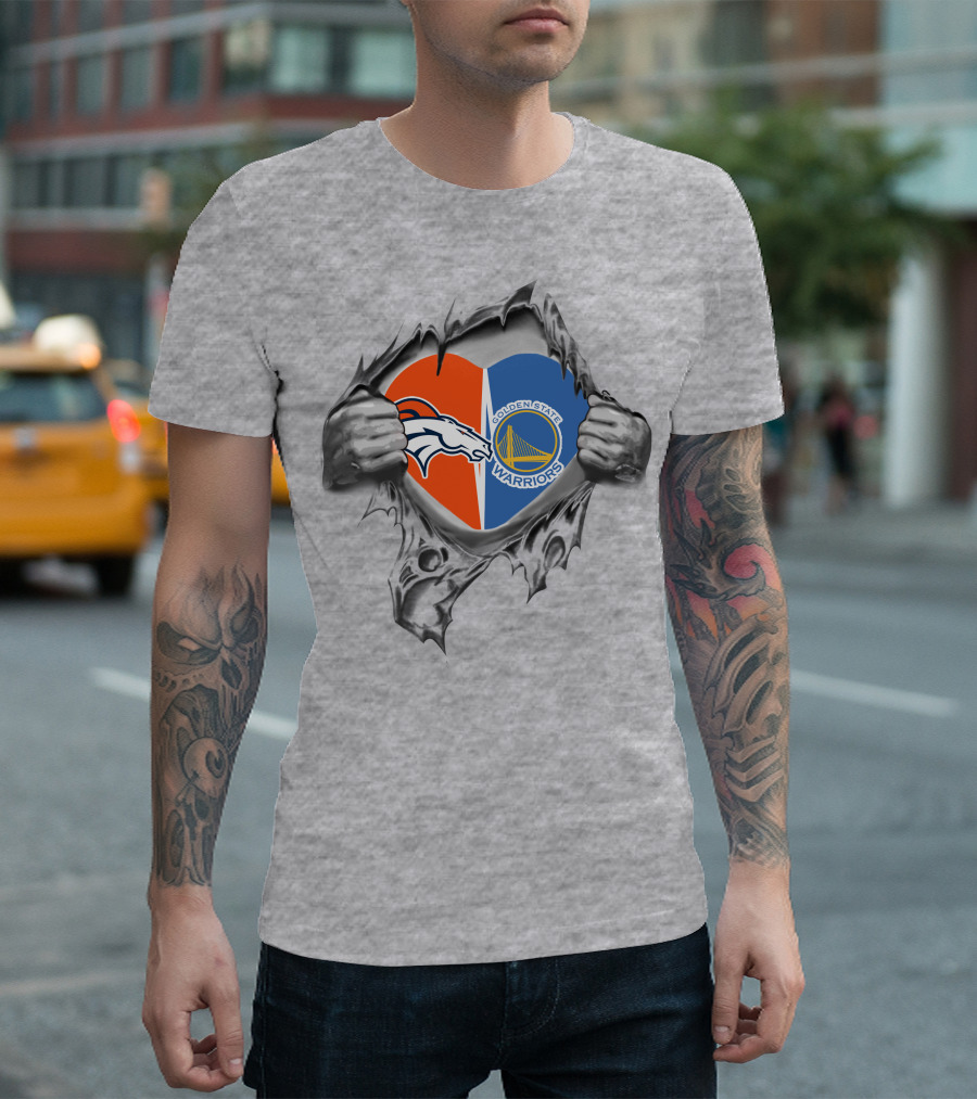 Denver Broncos Golden State Warriors Heart Torn T-Shirt