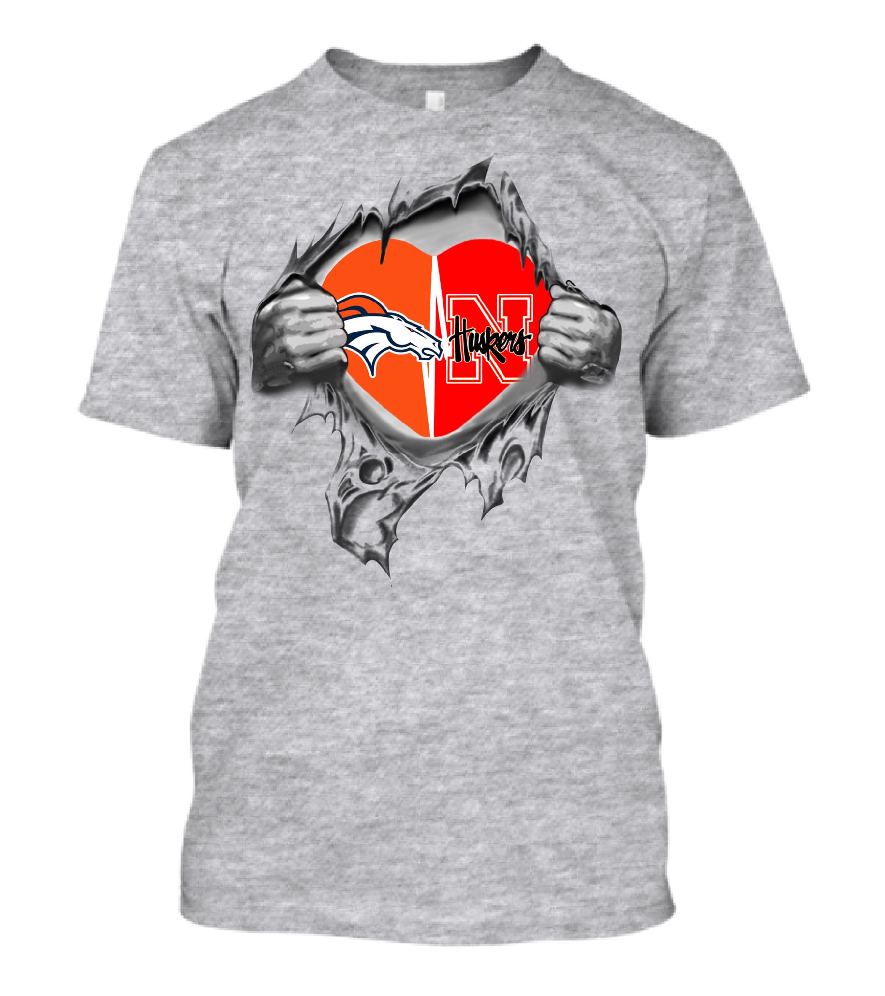 Broncos Huskers Heart With Denver Horse Logo And Nebraska N T-Shirt