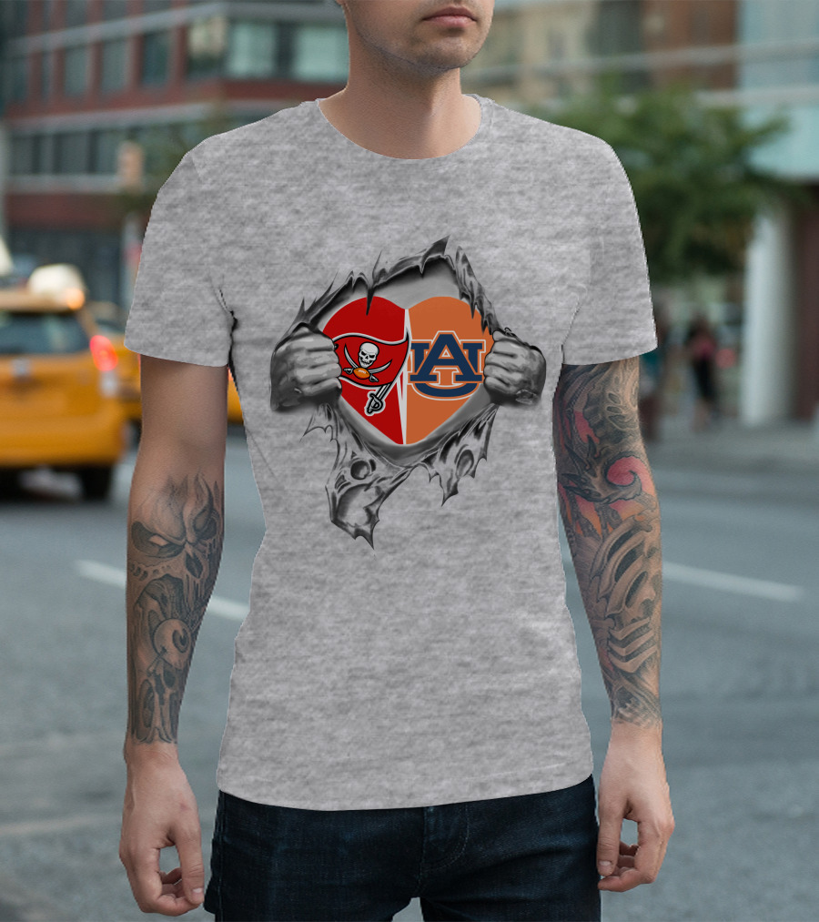 Buccaneers Auburn Tigers Heart Split Logo Ripped T-Shirt