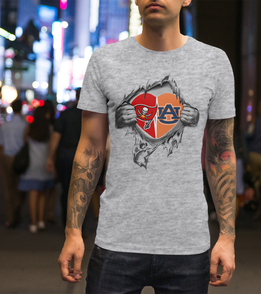 Buccaneers Auburn Tigers Heart Split Logo Ripped T-Shirt