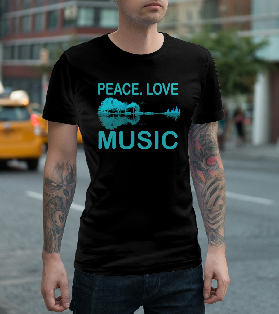 Peace Love Music Guitar Lake Shadow Scenic Reflection T-Shirt