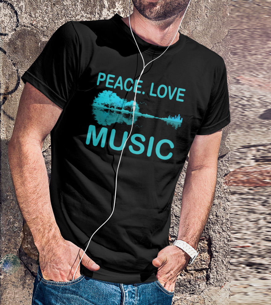 Peace Love Music Guitar Lake Shadow Scenic Reflection T-Shirt