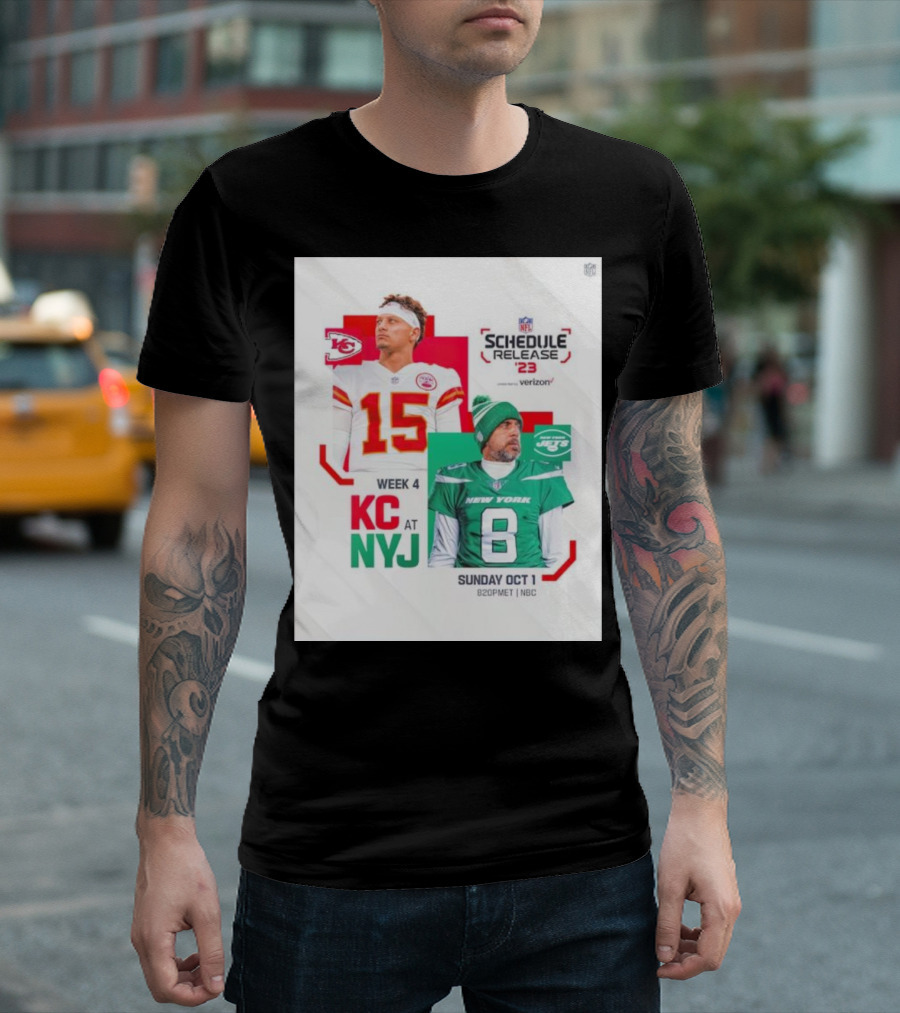 Schedule Release '23 Week 4 KC At NYJ Patrick Mahomes Vs Aaron Rodgers Sunday Oct 1 8:20PM ET NBC T-Shirt