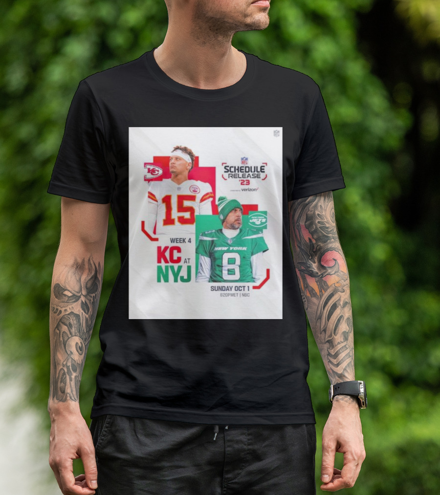 Schedule Release '23 Week 4 KC At NYJ Patrick Mahomes Vs Aaron Rodgers Sunday Oct 1 8:20PM ET NBC T-Shirt
