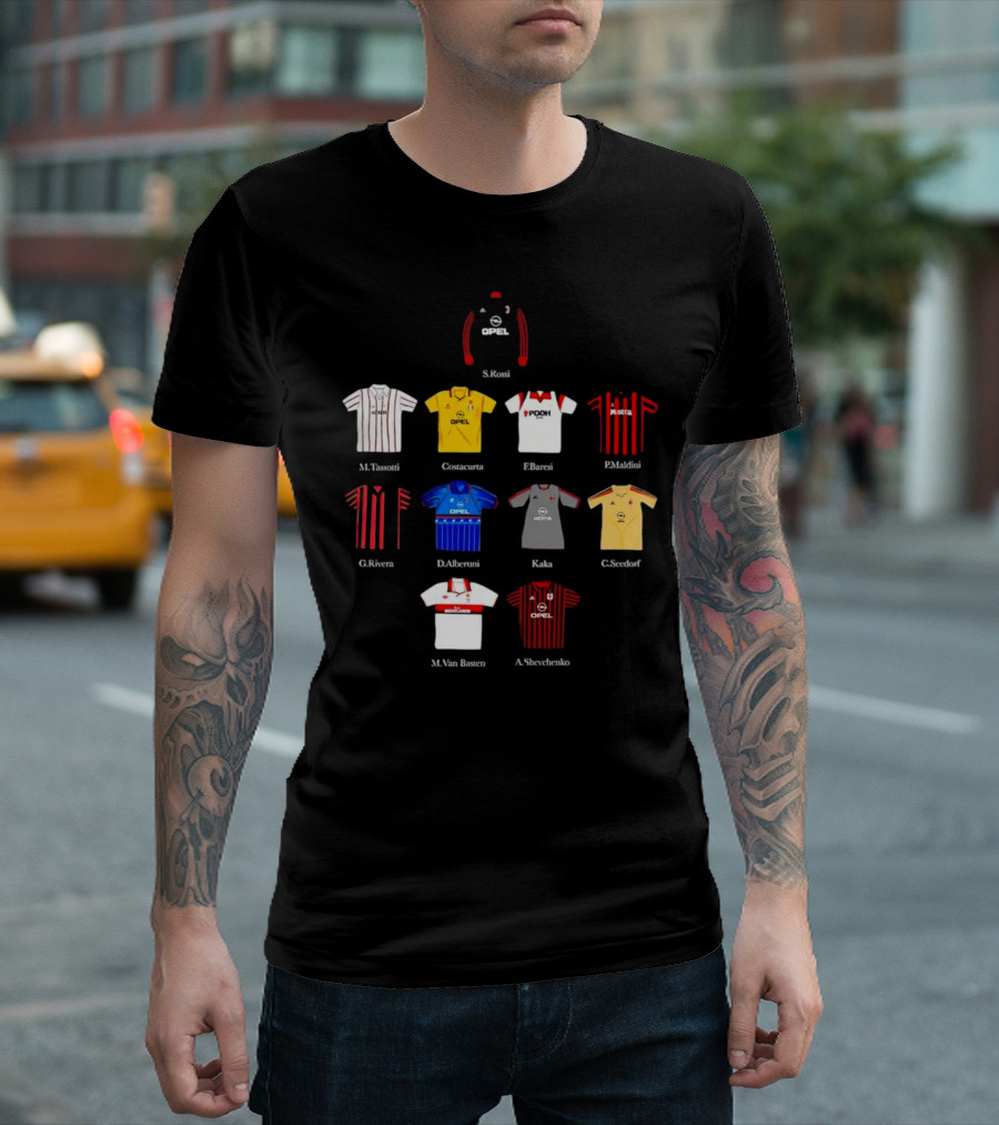 A.C. Milan FC Opel Uniform S. Rossi M. Tassotti A. Costacurta F. Baresi P. Maldini G. Rivera D. Albertini Kaka C. Seedorf M. Van Basten A. Shevchenko T-Shirt
