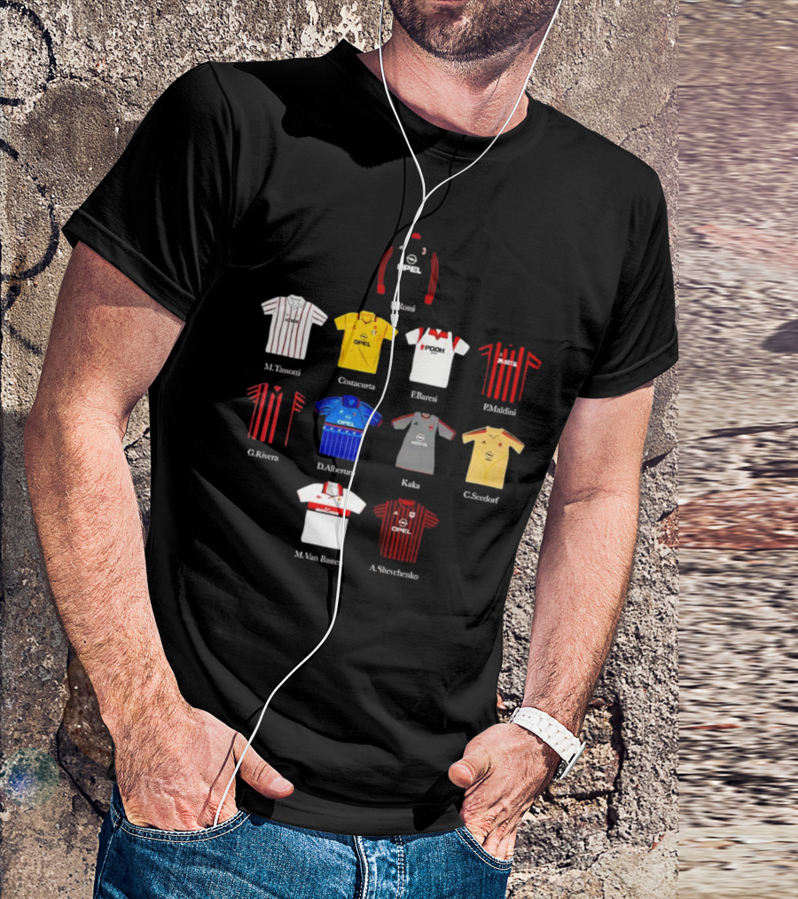 A.C. Milan FC Opel Uniform S. Rossi M. Tassotti A. Costacurta F. Baresi P. Maldini G. Rivera D. Albertini Kaka C. Seedorf M. Van Basten A. Shevchenko T-Shirt