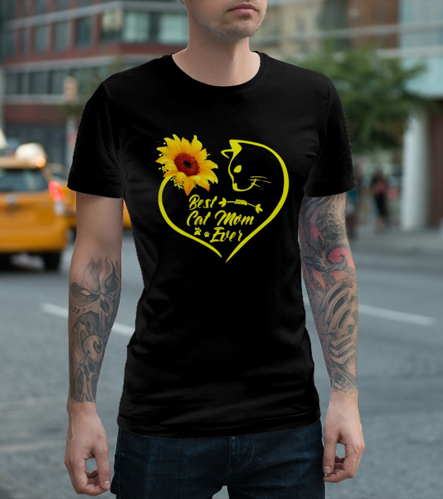 Best Cat Mom Ever Sunflower Heart Love Cat Face T-Shirt