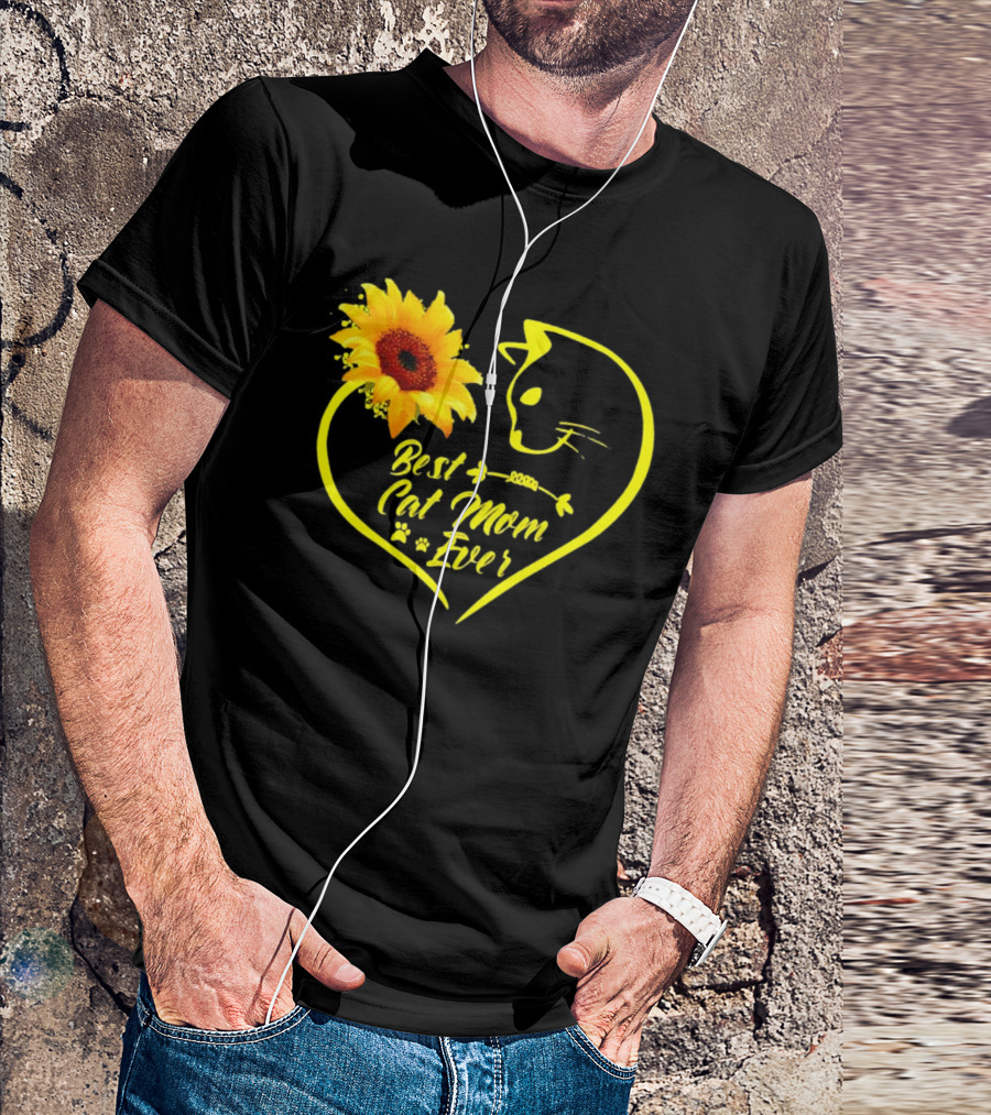 Best Cat Mom Ever Sunflower Heart Love Cat Face T-Shirt