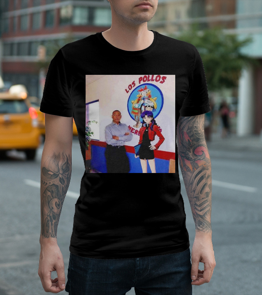 Breaking Bad Los Pollos Hermanos Gus and Evangelion Misato Crossover T-Shirt