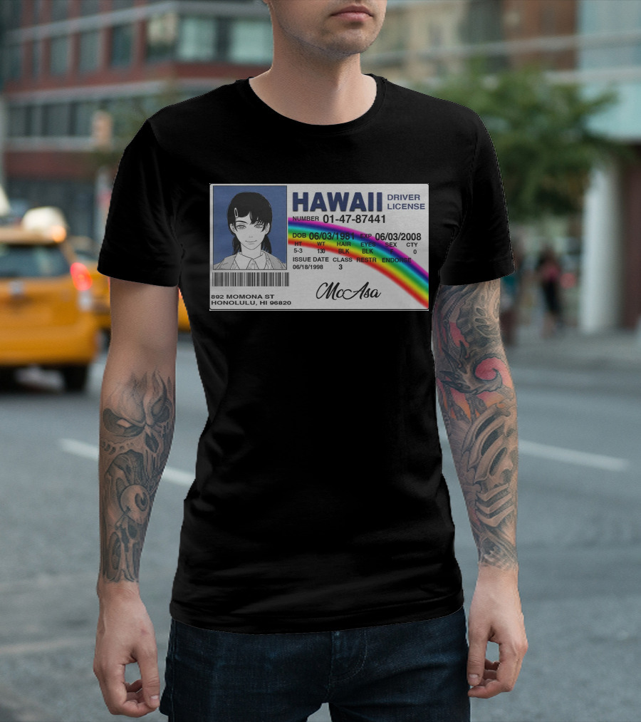Hawaii Driver License McAsa Anime Character 01-47-87441 Rainbow T-Shirt