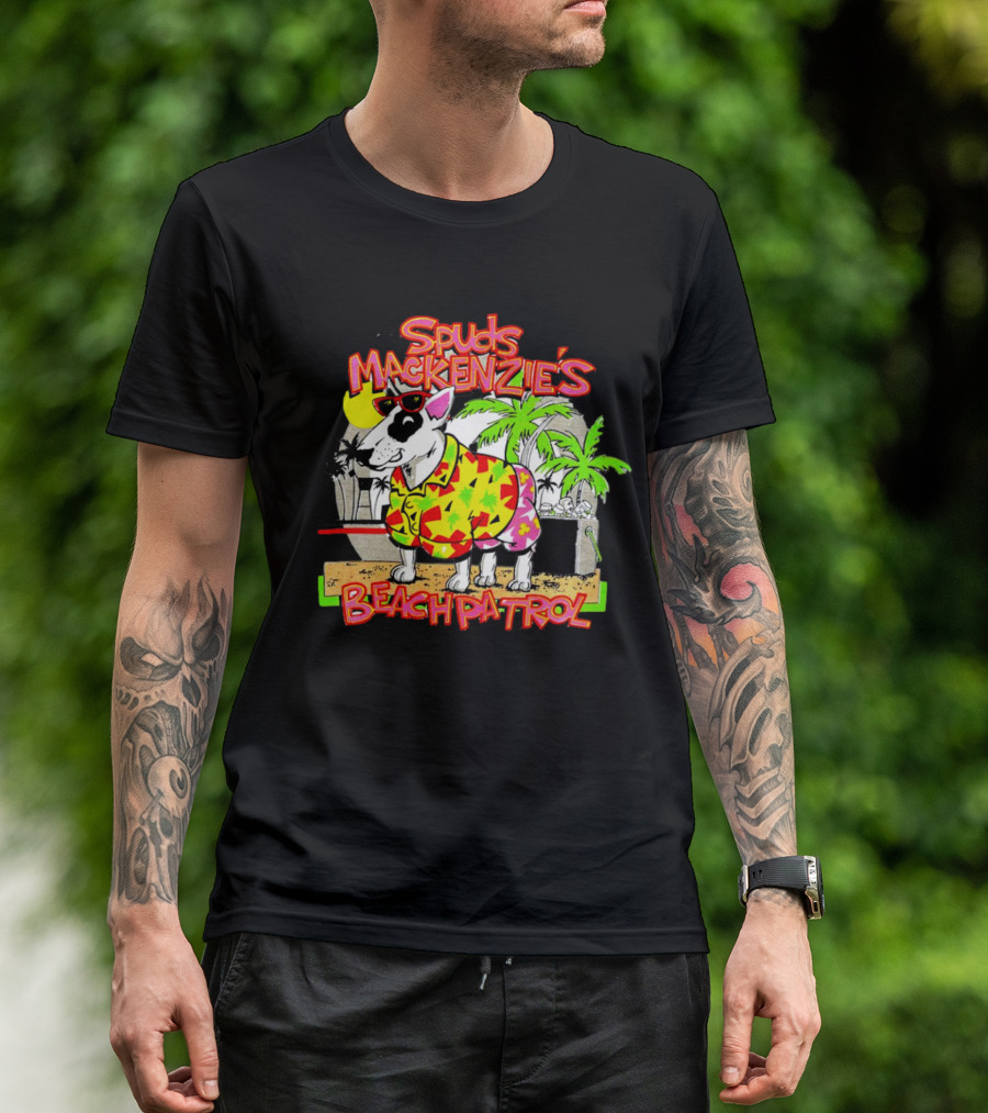 Spuds Mackenzie’s Beach Patrol Tropical Style Dog In Sunglasses And Hawaiian Shirt With Palm Trees T-Shirt