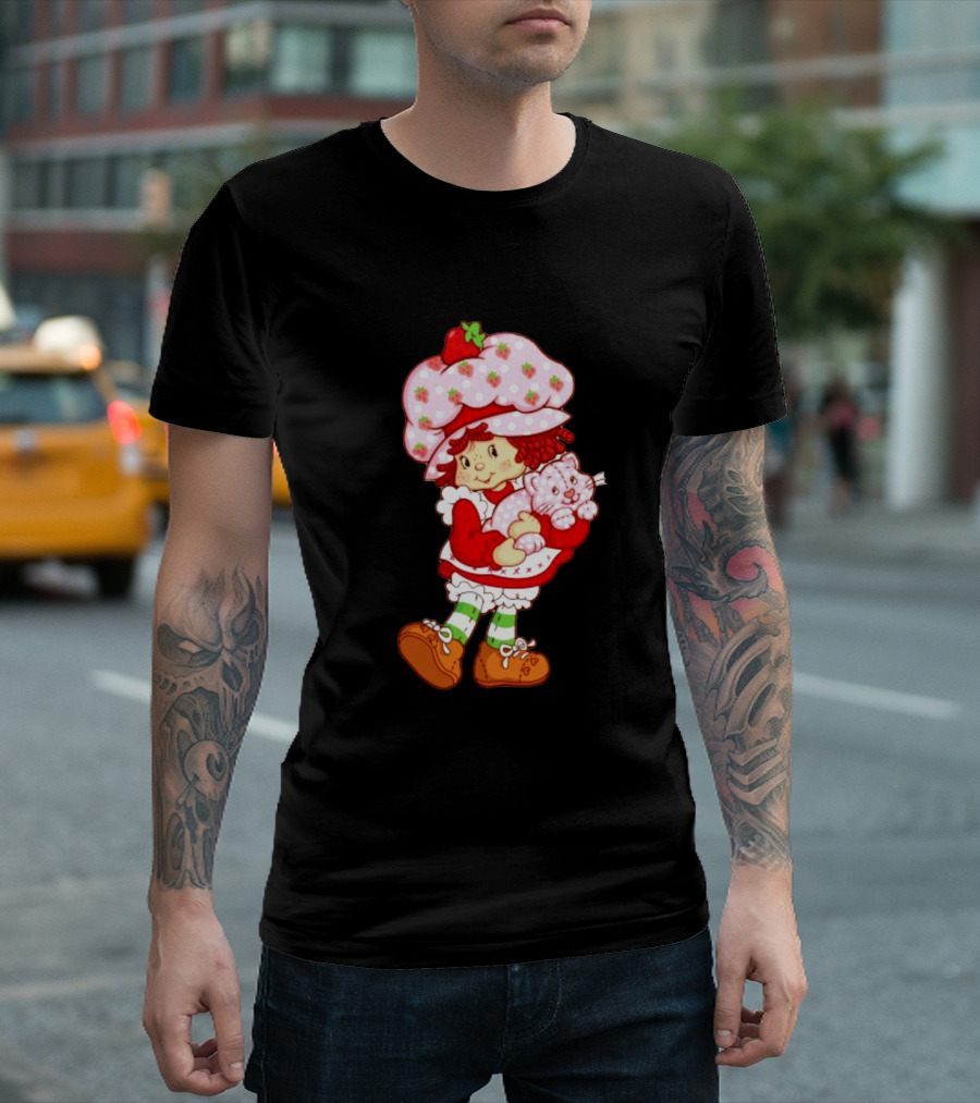 Strawberry Shortcake Holding Cat Retro Character T-Shirt