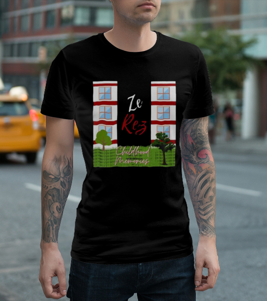 Ze Rez Childhood Memories Red and White Buildings with Trees T-Shirt