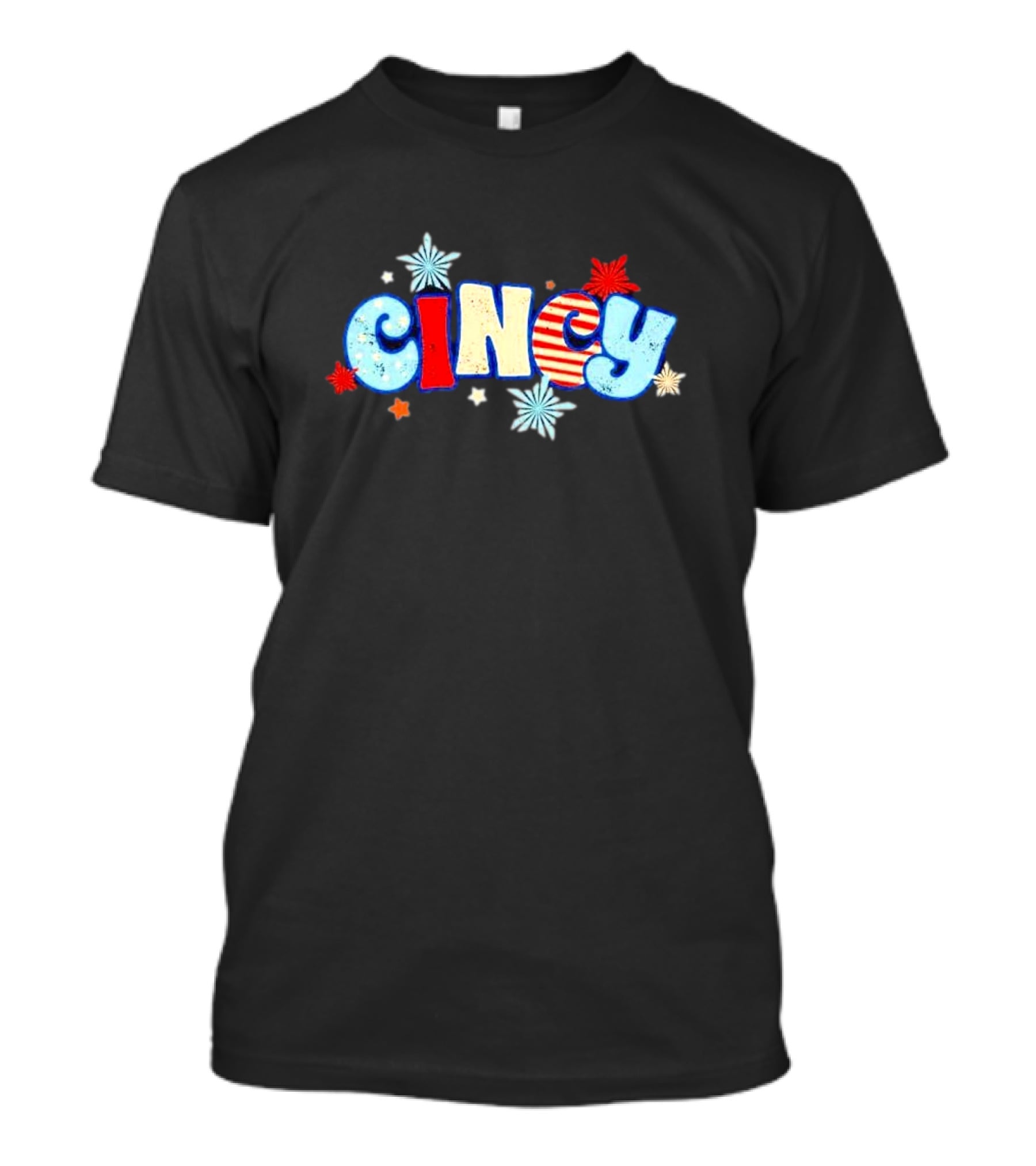 Cincy Star Burst American Flag Pattern With Red White Blue Stars T-Shirt