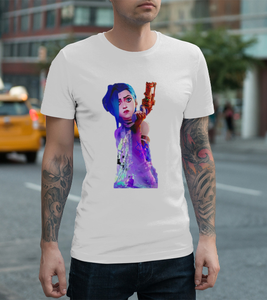 Arcane Jinx League Of Legends Character With Blue Hair And Toy Gun T-Shirt