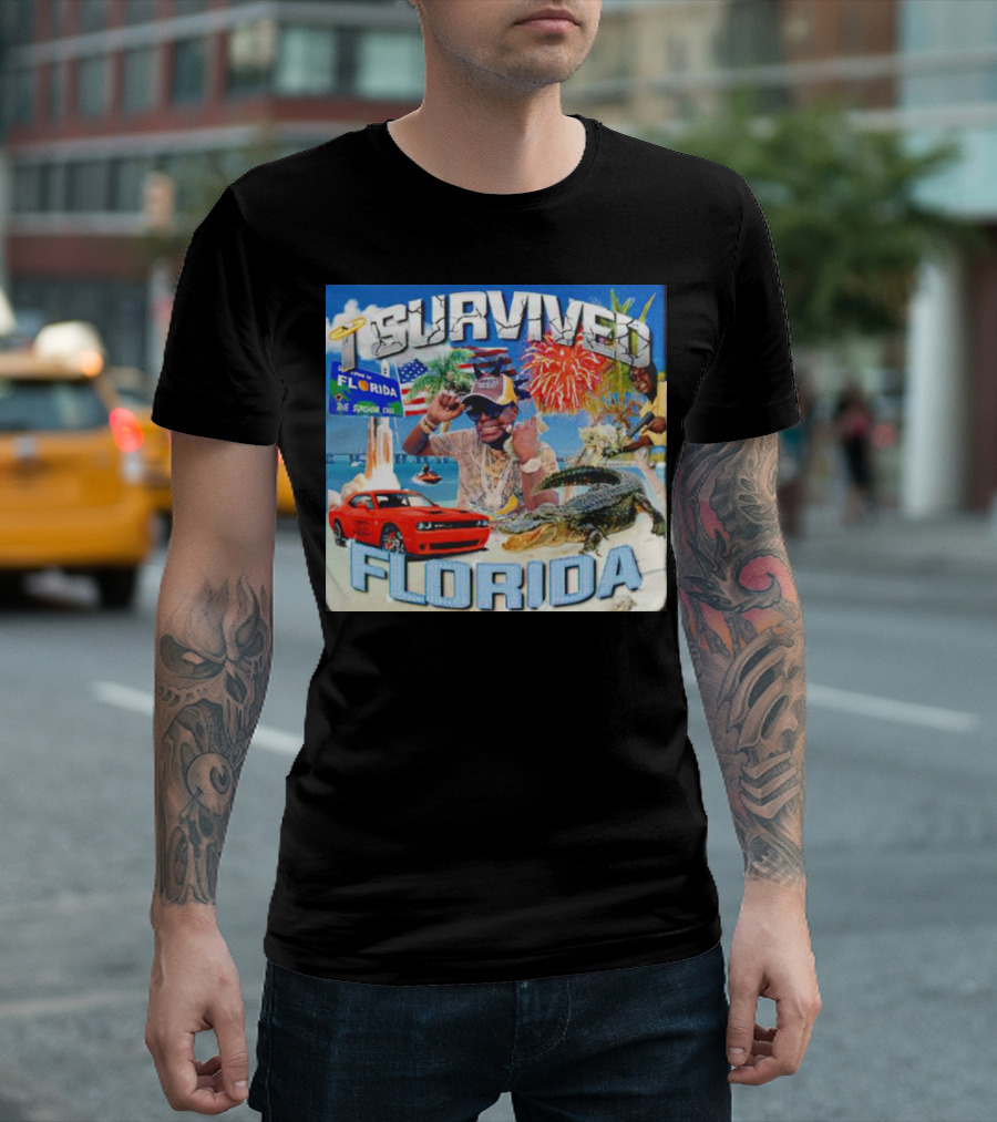 I Survived Florida with Fireworks Alligator Car Beach and Sign T-Shirt