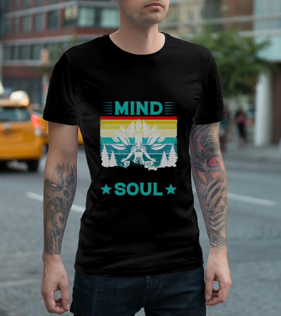 LOST MIND FOUND SOUL MEDITATION WITH LOTUS AND TREES VIBRANT RETRO STRIPES T-Shirt